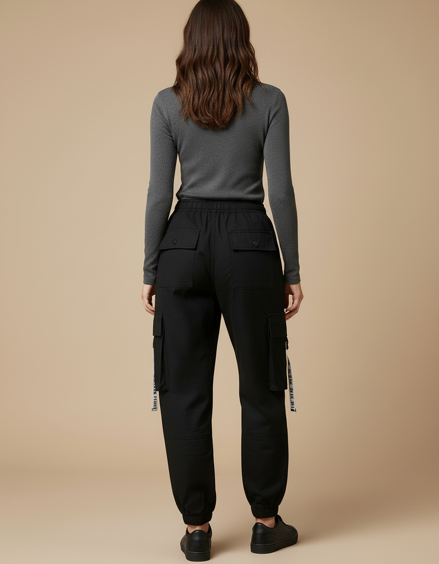 Pantalon Cargo Noir Fluide Décontracté Femme - Polyester - vue 2