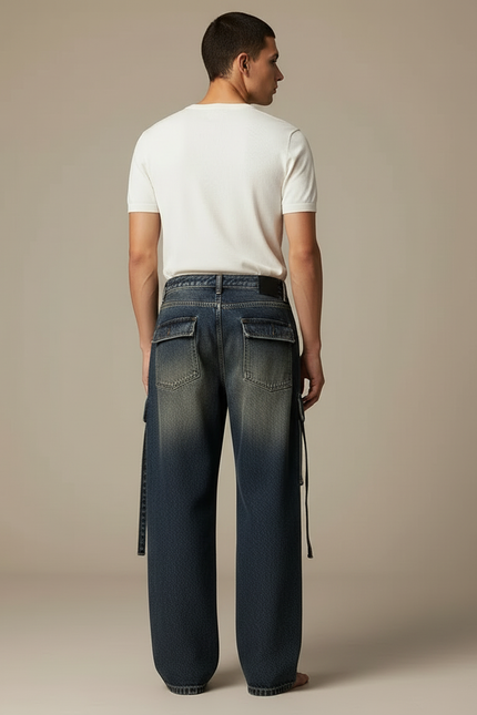 Pantalon Cargo Jean Délavé Ample Multipoches Homme - Bleu - vue 2