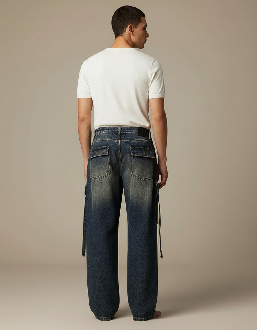 Pantalon Cargo Jean Délavé Ample Multipoches Homme - Bleu - vue 2