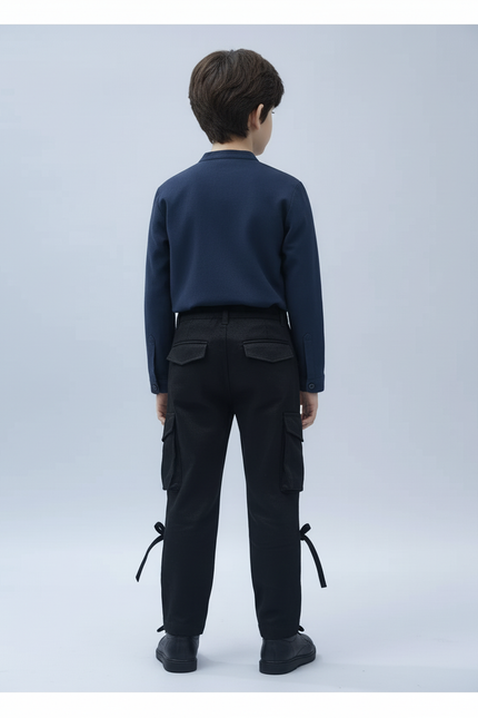 Pantalon Cargo Noir Coton Multipoches Garçon Laçage - Toile - vue 2