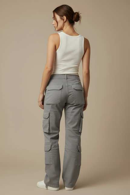 Pantalon Cargo Gris Ample Coton Multipoches Décontracté Femme - vue 2