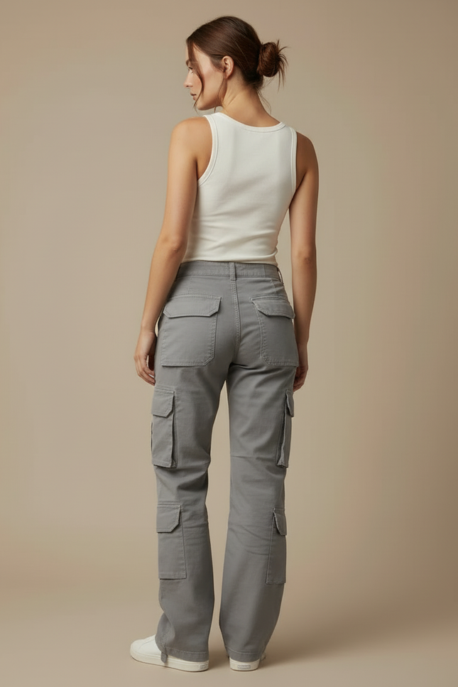 Pantalon Cargo Gris Ample Coton Multipoches Décontracté Femme - vue 2