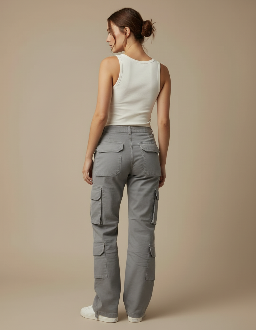 Pantalon Cargo Gris Ample Coton Multipoches Décontracté Femme - vue 2
