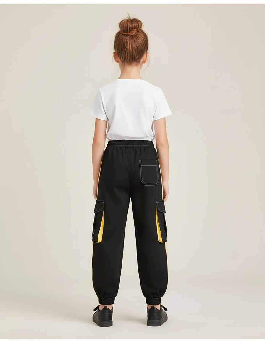 Pantalon Cargo Noir Jaune Ample Enfant Streetwear - Polyester - vue 2