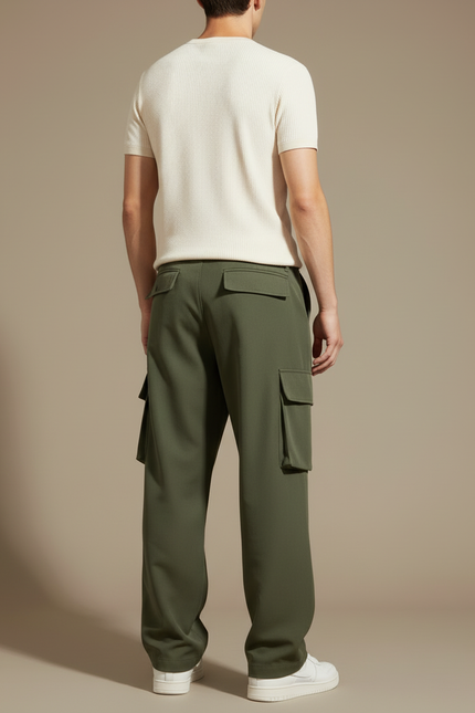 Pantalon Cargo Vert Kaki Ample Décontracté Multipoches Homme - Polyester - vue 2