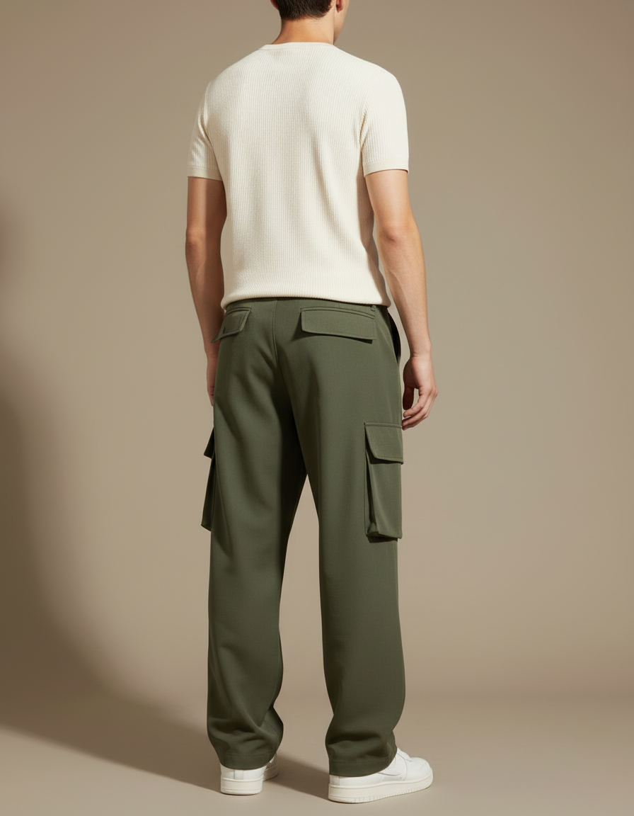 Pantalon Cargo Vert Kaki Ample Décontracté Multipoches Homme - Polyester - vue 2