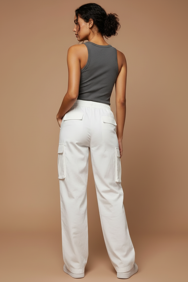 Pantalon Cargo Blanc Ample Taille Haute Multipoches - Toile - vue 2
