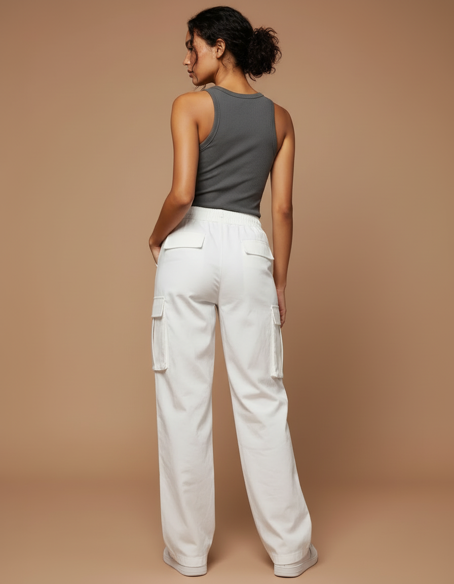 Pantalon Cargo Blanc Ample Taille Haute Multipoches - Toile - vue 2