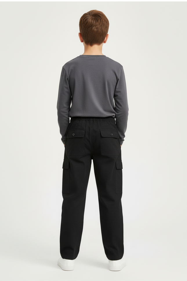 Pantalon Cargo Noir Décontracté Garçon Coton Multipoches - vue 2