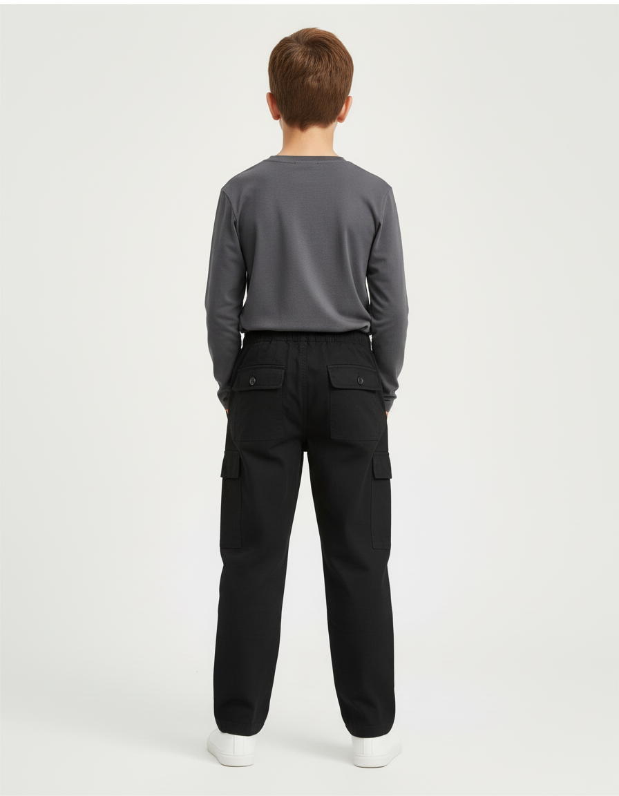 Pantalon Cargo Noir Décontracté Garçon Coton Multipoches - vue 2