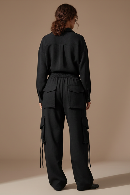 Pantalon Cargo Noir Ample Fluide Poches - Polyester - vue 2