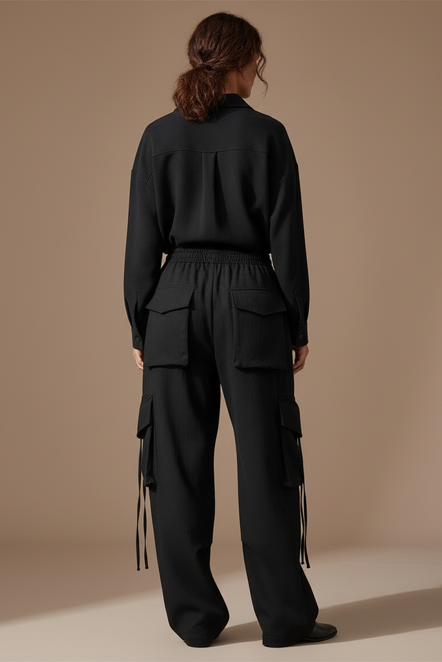 Pantalon Cargo Noir Ample Fluide Poches - Polyester - vue 2