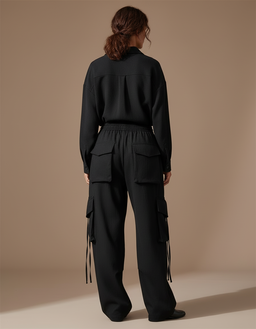 Pantalon Cargo Noir Ample Fluide Poches - Polyester - vue 2