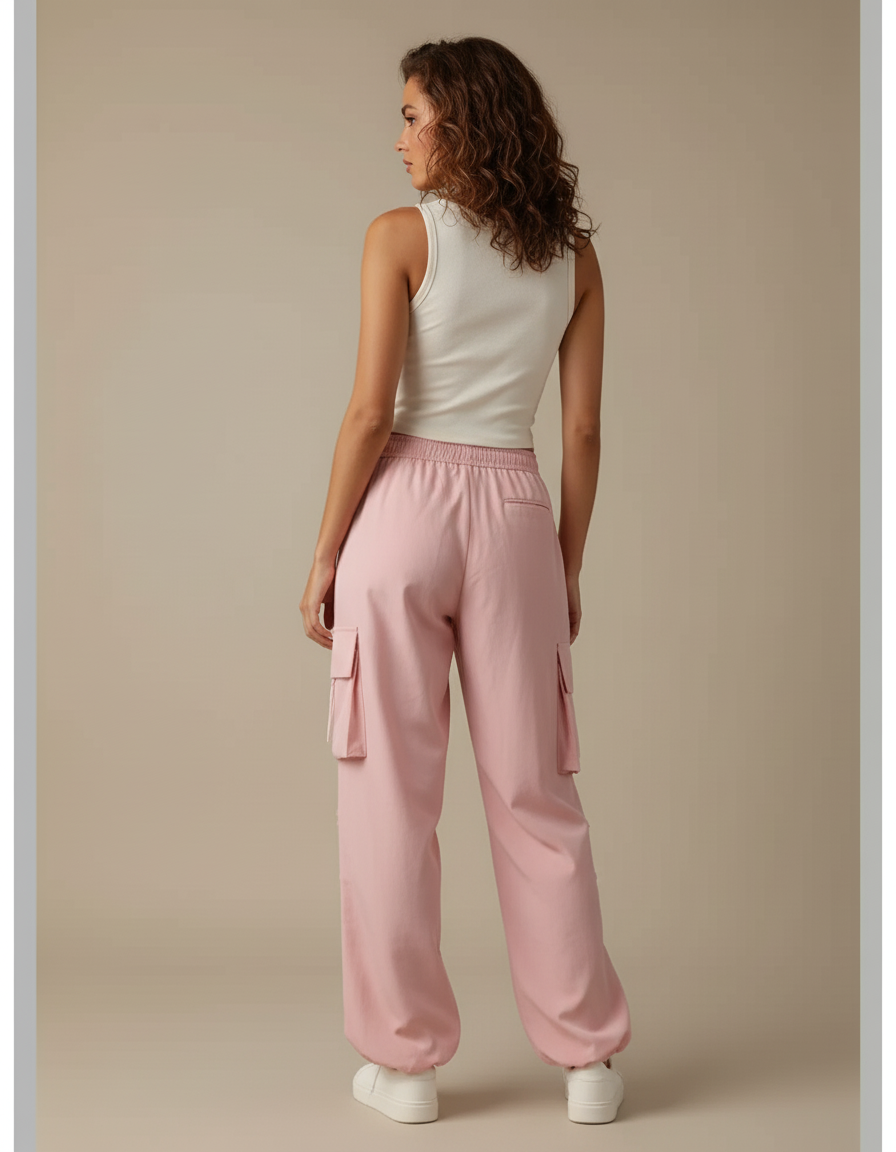 Pantalon Cargo Rose Ample Taille Haute Décontracté - Polyester - vue 2