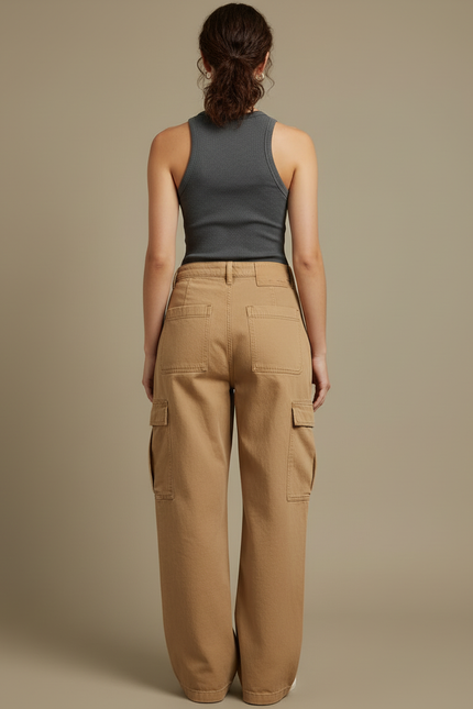 Pantalon Cargo Marron Ample Décontracté Multipoches - Camel Toile - vue 2