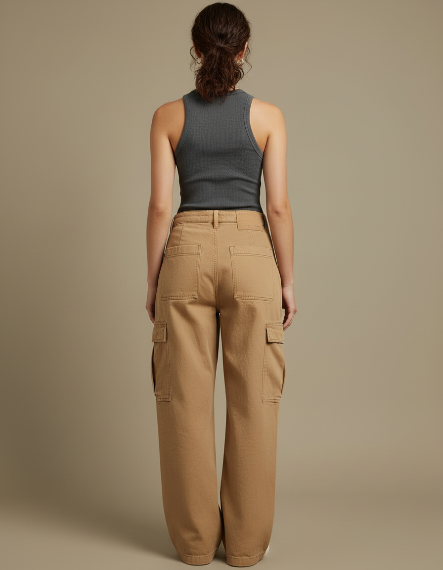 Pantalon Cargo Marron Ample Décontracté Multipoches - Camel Toile - vue 2
