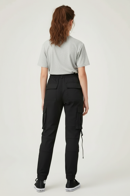 Pantalon Cargo Noir Sangles Multipoches Fille Urbain - Gabardine - vue 2