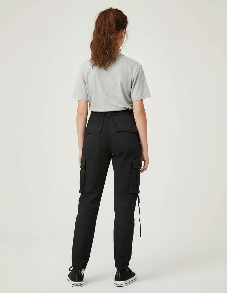 Pantalon Cargo Noir Sangles Multipoches Fille Urbain - Gabardine - vue 2