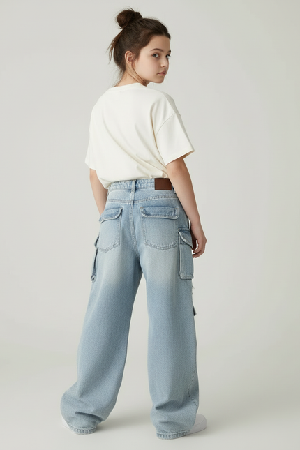 Pantalon Cargo Jean Ample Bleu Multipoches Fille - vue 2