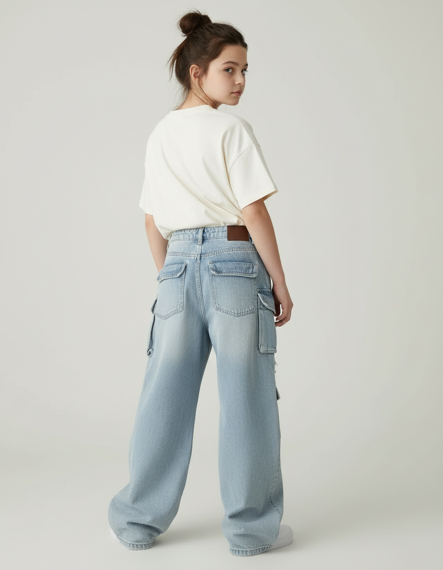 Pantalon Cargo Jean Ample Bleu Multipoches Fille - vue 2