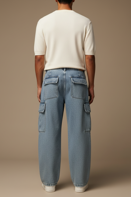 Pantalon Cargo Jean Ample Bleu Multipoches Décontracté - vue 2
