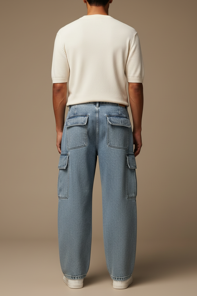 Pantalon Cargo Jean Ample Bleu Multipoches Décontracté - vue 2