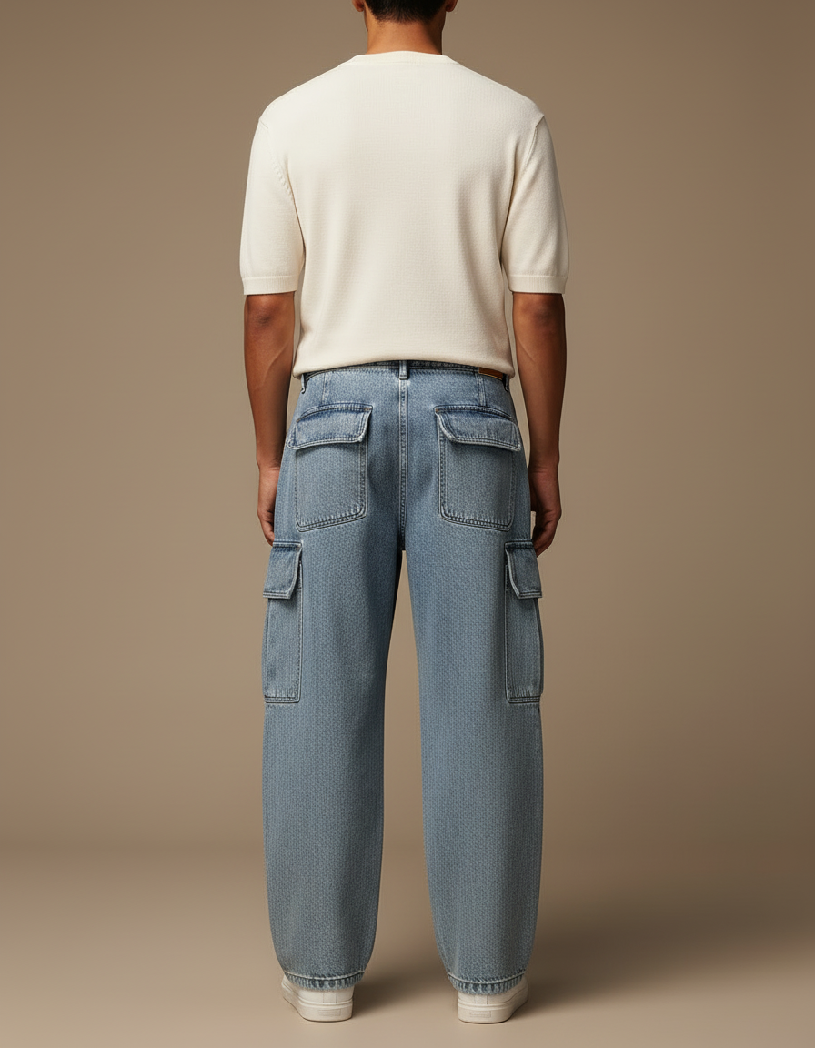 Pantalon Cargo Jean Ample Bleu Multipoches Décontracté - vue 2