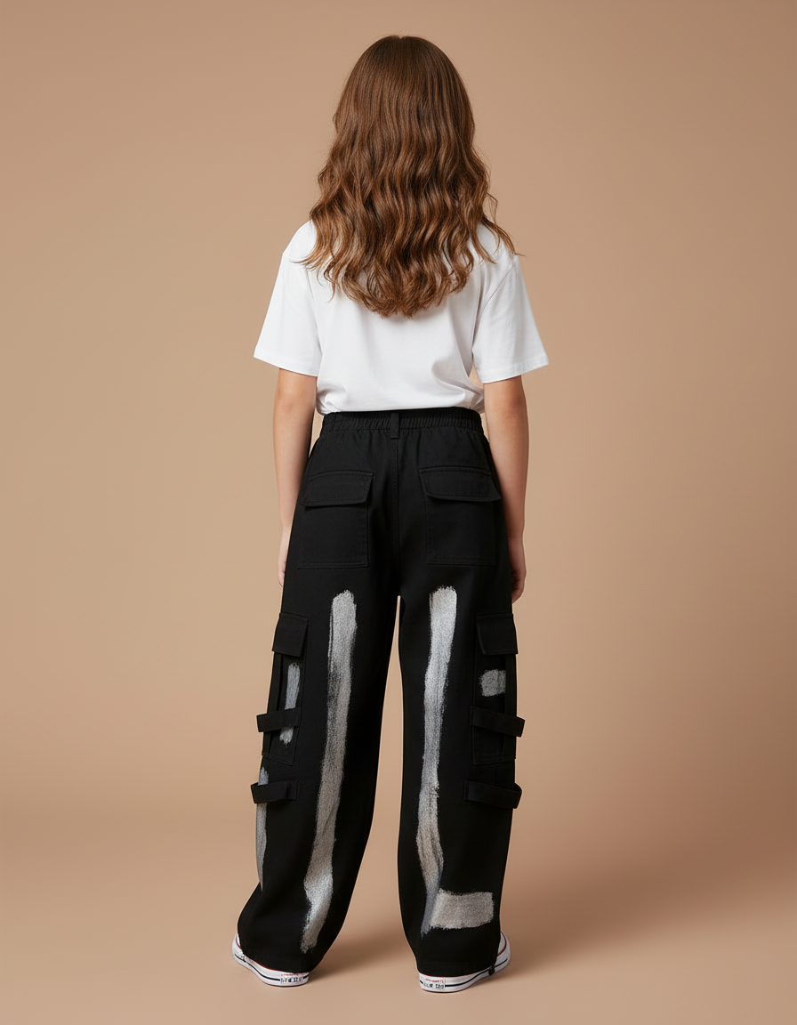 Pantalon Cargo Noir Ample Imprimé Enfant Streetwear - Toile - vue 2