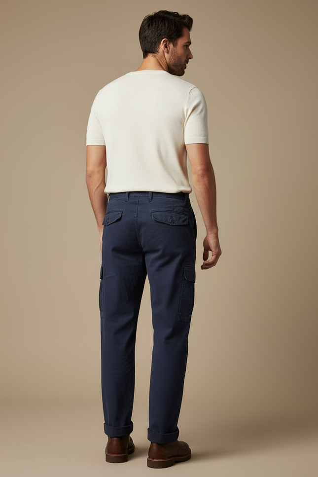 Pantalon Cargo Bleu Marine Coton Multipoches Décontracté - vue 2