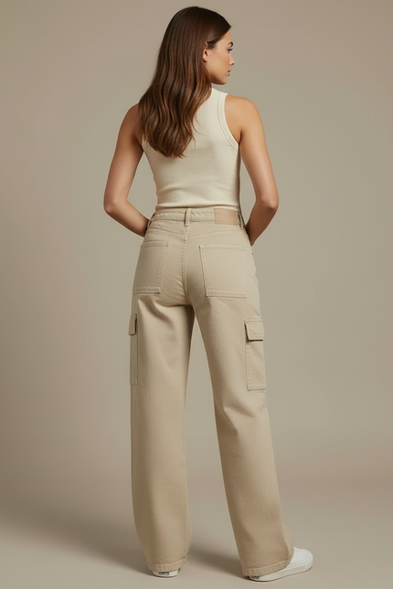 Pantalon Cargo Beige Ample Multipoches Taille Haute Femme - Jean - vue 2