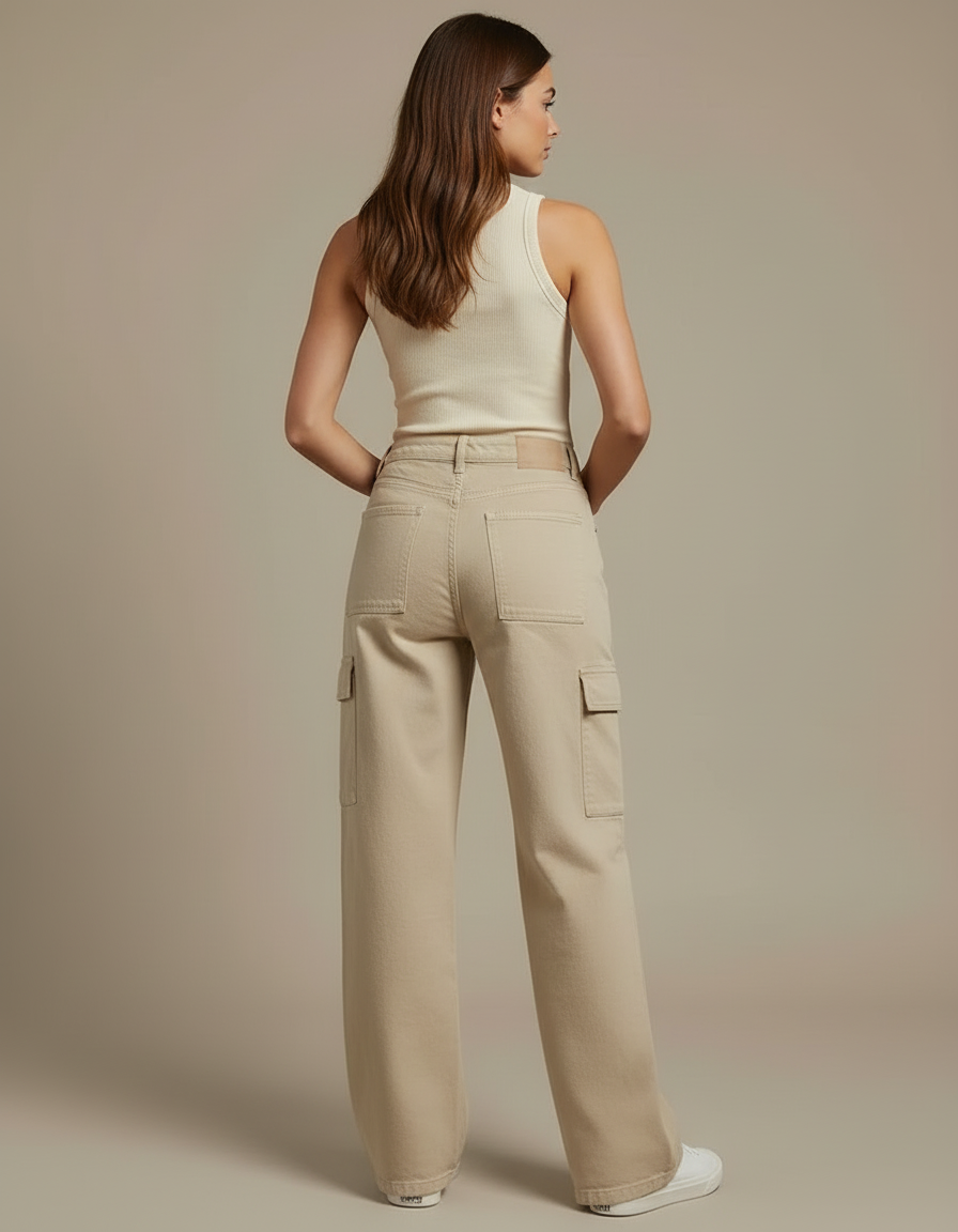 Pantalon Cargo Beige Ample Multipoches Taille Haute Femme - Jean - vue 2
