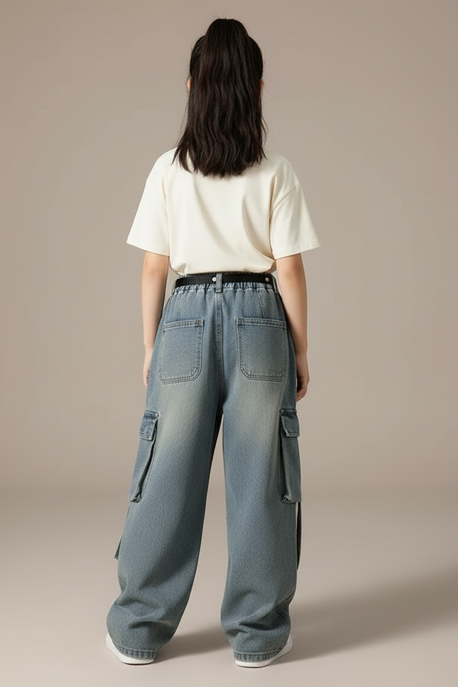 Pantalon Cargo Jean Ample Bleu Décontracté Multipoches - vue 2
