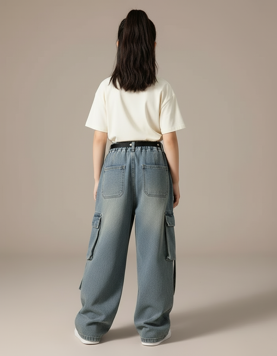 Pantalon Cargo Jean Ample Bleu Décontracté Multipoches - vue 2