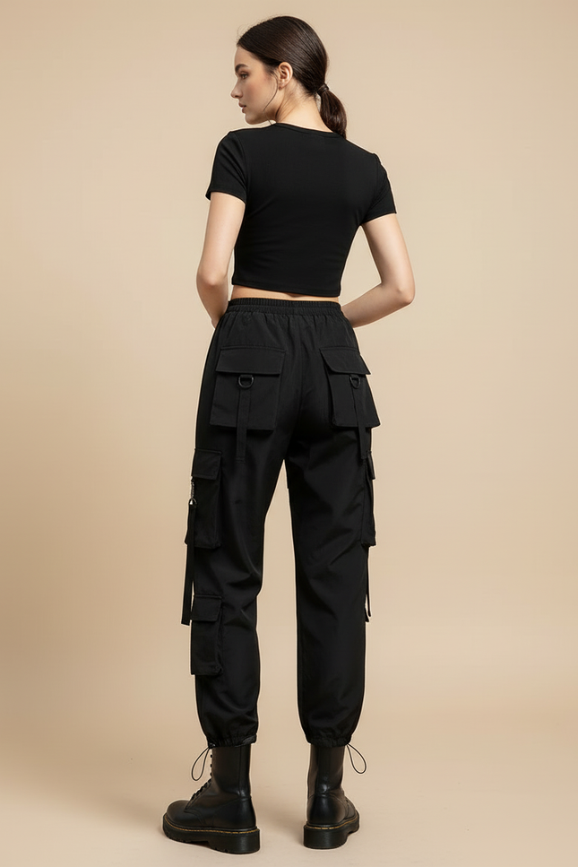Pantalon Cargo Noir Taille Haute - Polyester - vue 2