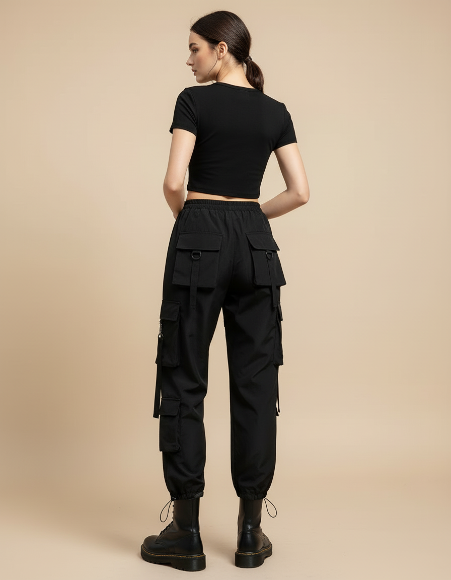 Pantalon Cargo Noir Taille Haute - Polyester - vue 2