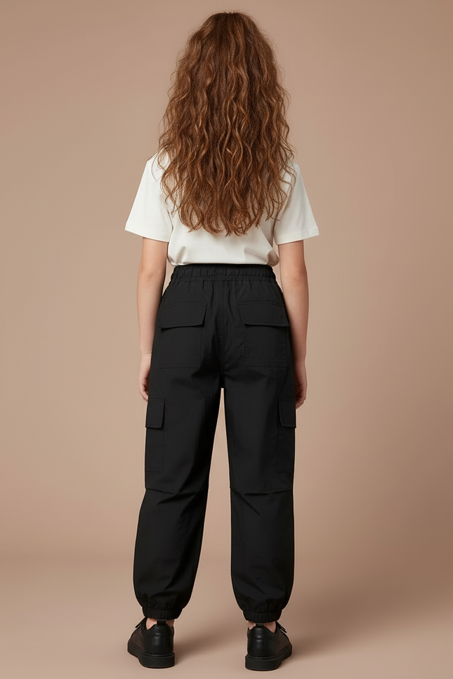 Pantalon Cargo Noir Ample Cordon Poches Fille - Polyester - vue 2
