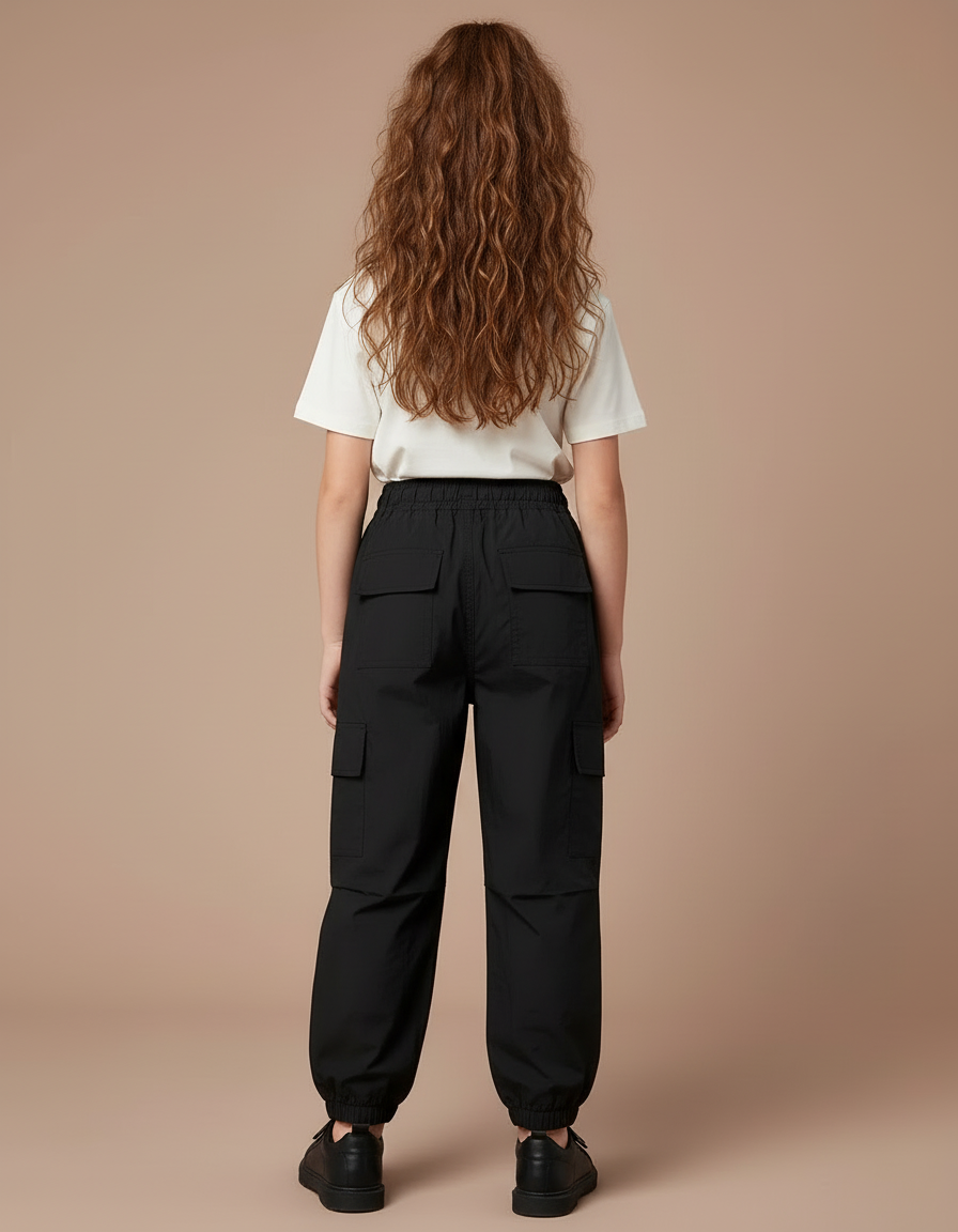Pantalon Cargo Noir Ample Cordon Poches Fille - Polyester - vue 2