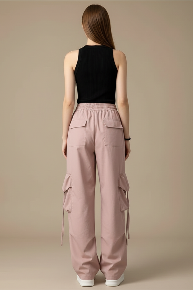 Pantalon Cargo Rose Ample Taille Haute Femme - Polyester - vue 2
