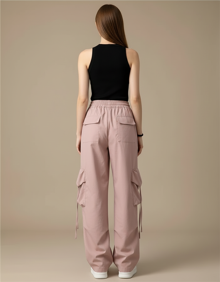 Pantalon Cargo Rose Ample Taille Haute Femme - Polyester - vue 2