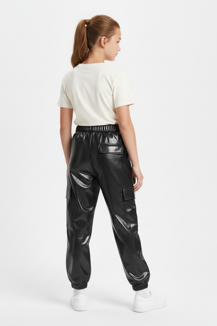 Pantalon Cargo Noir Brillant Ample Fille - Simili cuir - vue 2