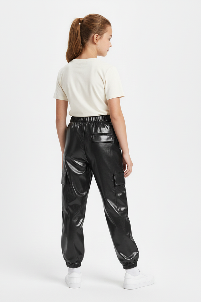 Pantalon Cargo Noir Brillant Ample Fille - Simili cuir - vue 2