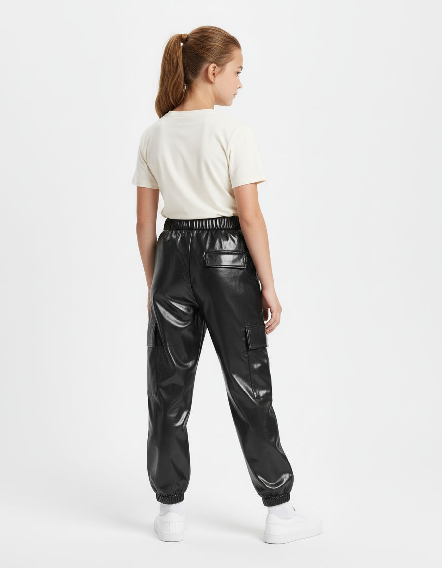 Pantalon Cargo Noir Brillant Ample Fille - Simili cuir - vue 2