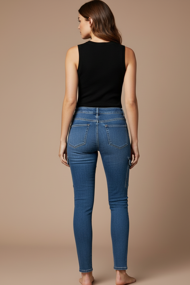 Pantalon Cargo Jean Bleu Skinny Multipoches Femme - vue 2