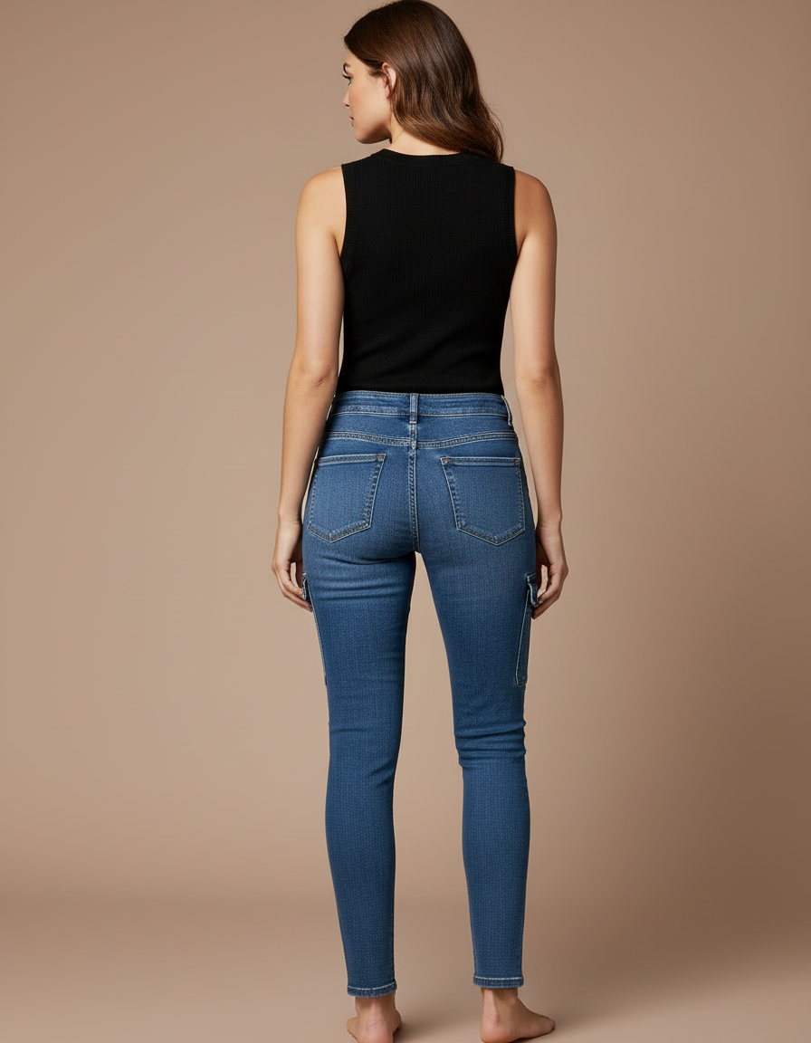 Pantalon Cargo Jean Bleu Skinny Multipoches Femme - vue 2