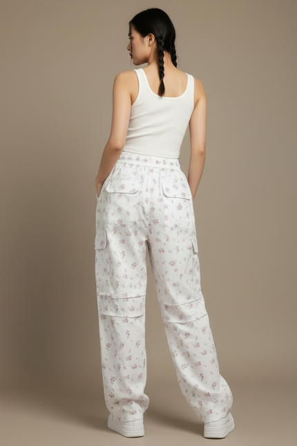Pantalon Cargo Fleuri Blanc Ample Décontracté Femme - Coton - vue 2
