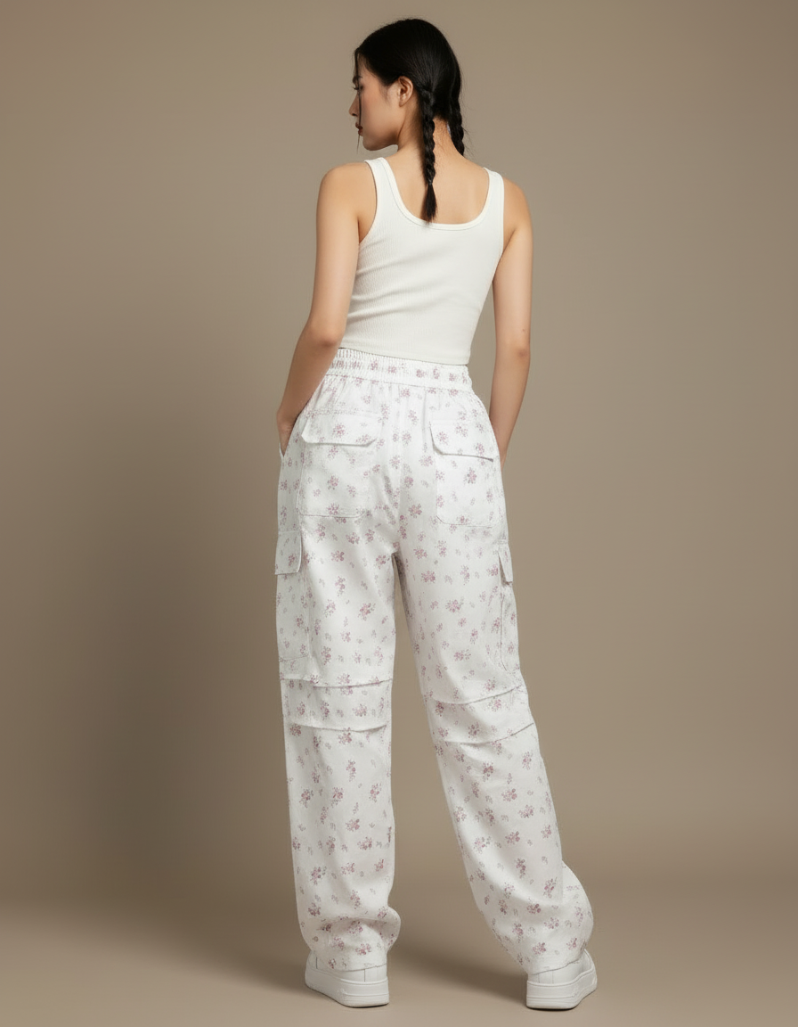 Pantalon Cargo Fleuri Blanc Ample Décontracté Femme - Coton - vue 2