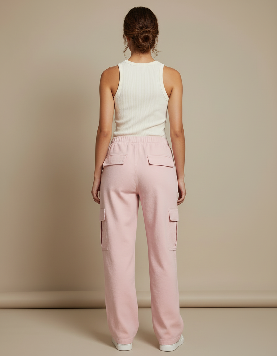 Pantalon Cargo Rose Ample Taille Haute Casual Femme - Molleton - vue 2