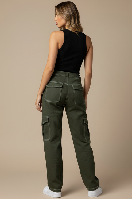 Pantalon Cargo Vert Militaire Ample Surpiqûres Blanches - Kaki Toile - vue 2