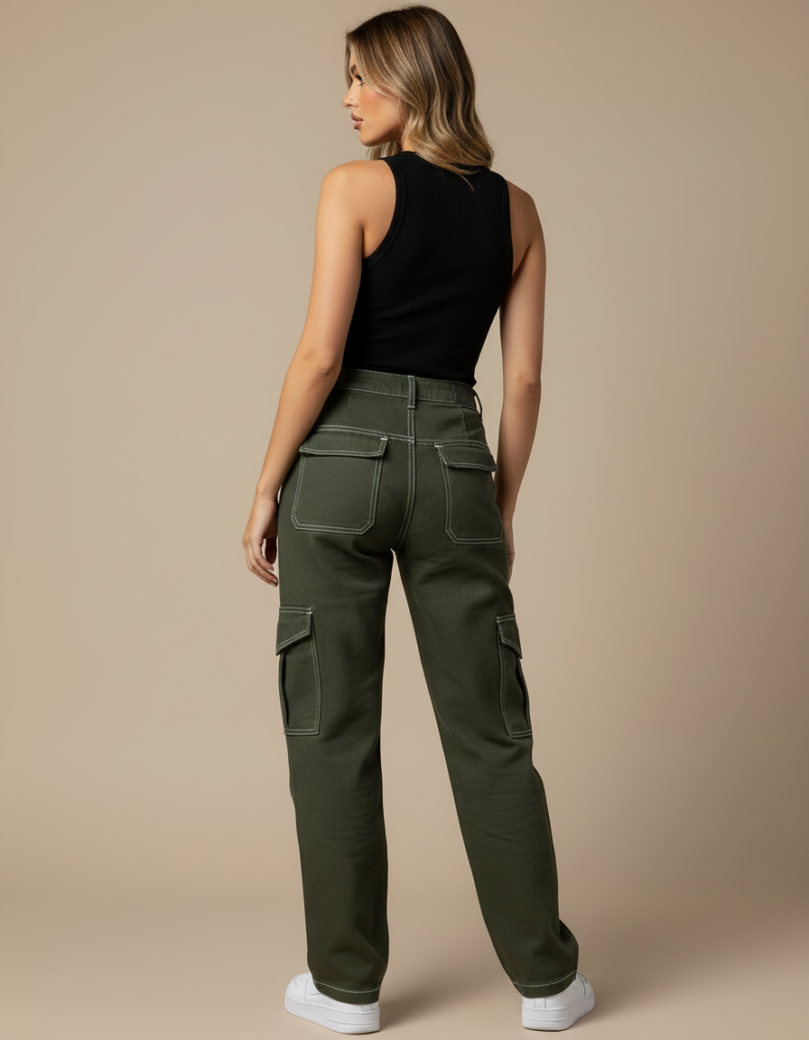 Pantalon Cargo Vert Militaire Ample Surpiqûres Blanches - Kaki Toile - vue 2