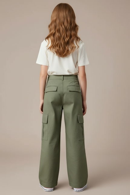 Pantalon Cargo Vert Ample Multipoches Enfant Fille - Kaki Toile - vue 2